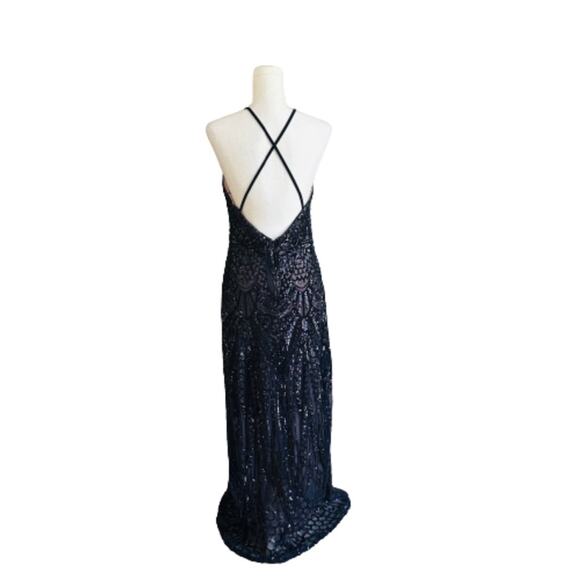 Nightway Gown Dress Navy Blue Mesh Sequins Halter Criss Criss Back Sheath Size 8 - Picture 6 of 16